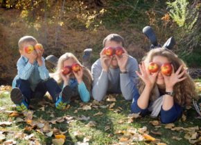 Family lying on the ground and put the apples-to-face